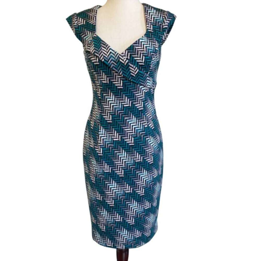 White House Black Market Teal/Black Chevron Sheath Cap Sleeve Dress Petites 4P